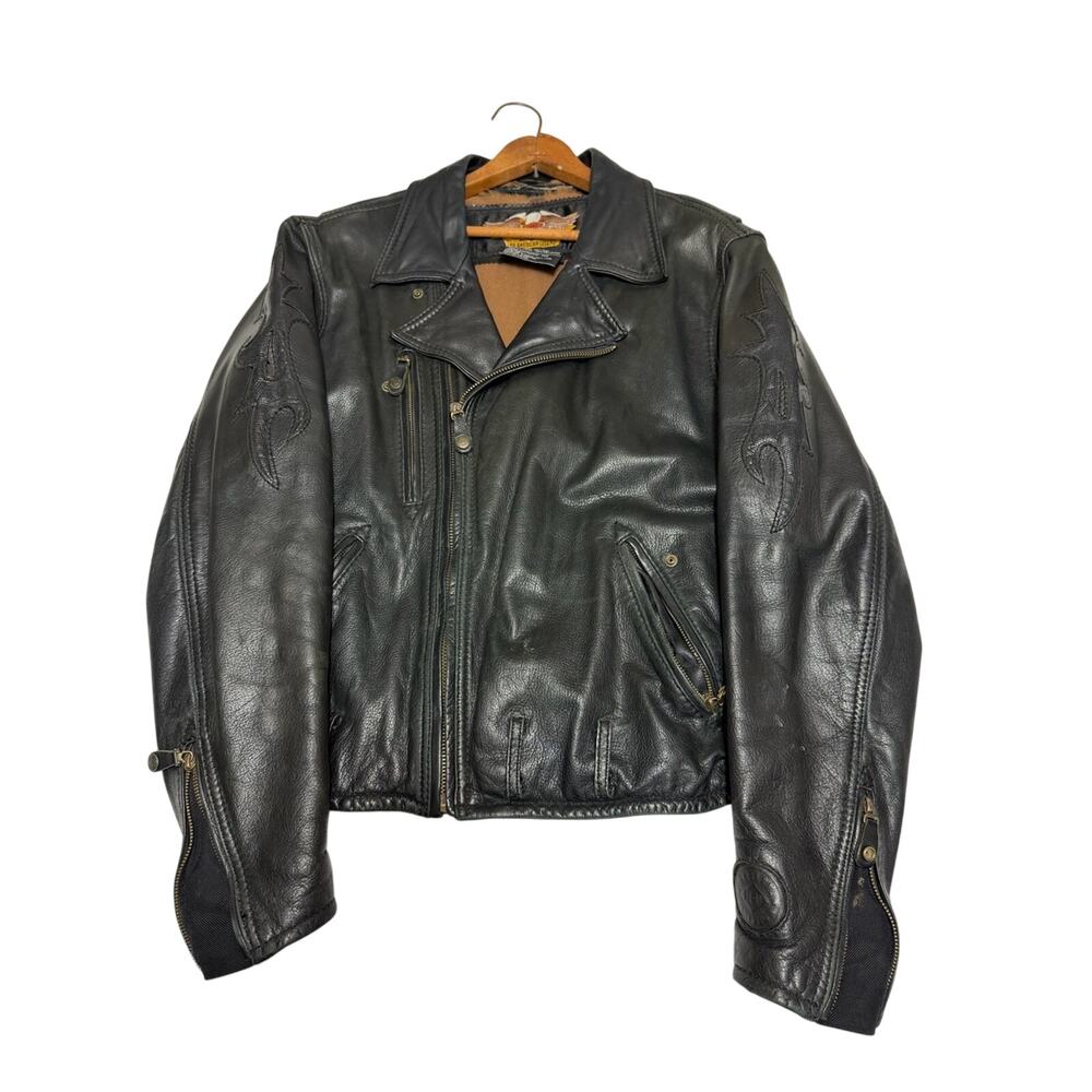 Vintage Harley Davidson Men’s Stitched Flame Black Leather Jacket Size Large